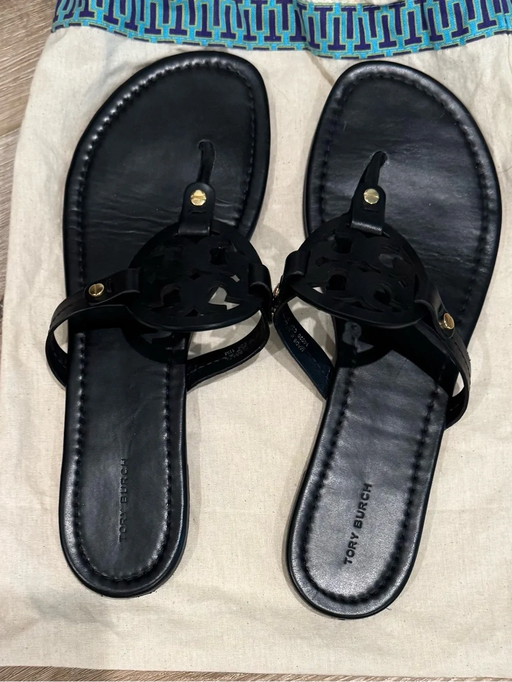 Tory Burch Black Leather Logo Thong Sandals